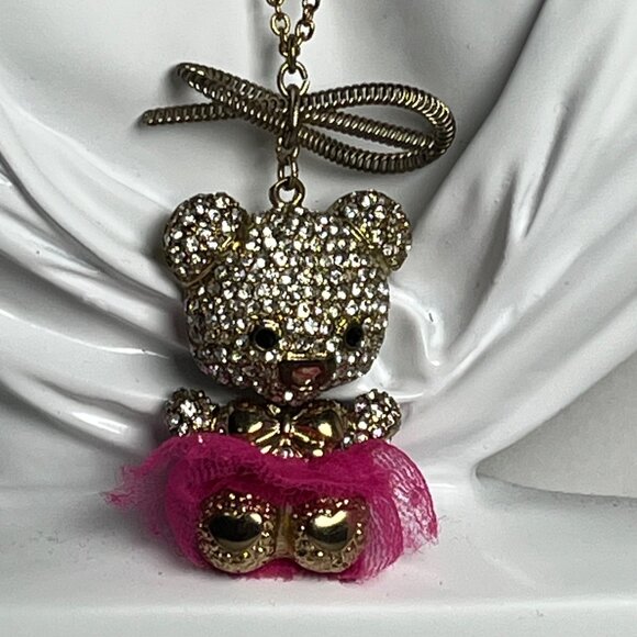 Betsey Johnson Crystal Teddy Bear ballerina gold magenta Pendant Necklace 28" - Picture 3 of 7